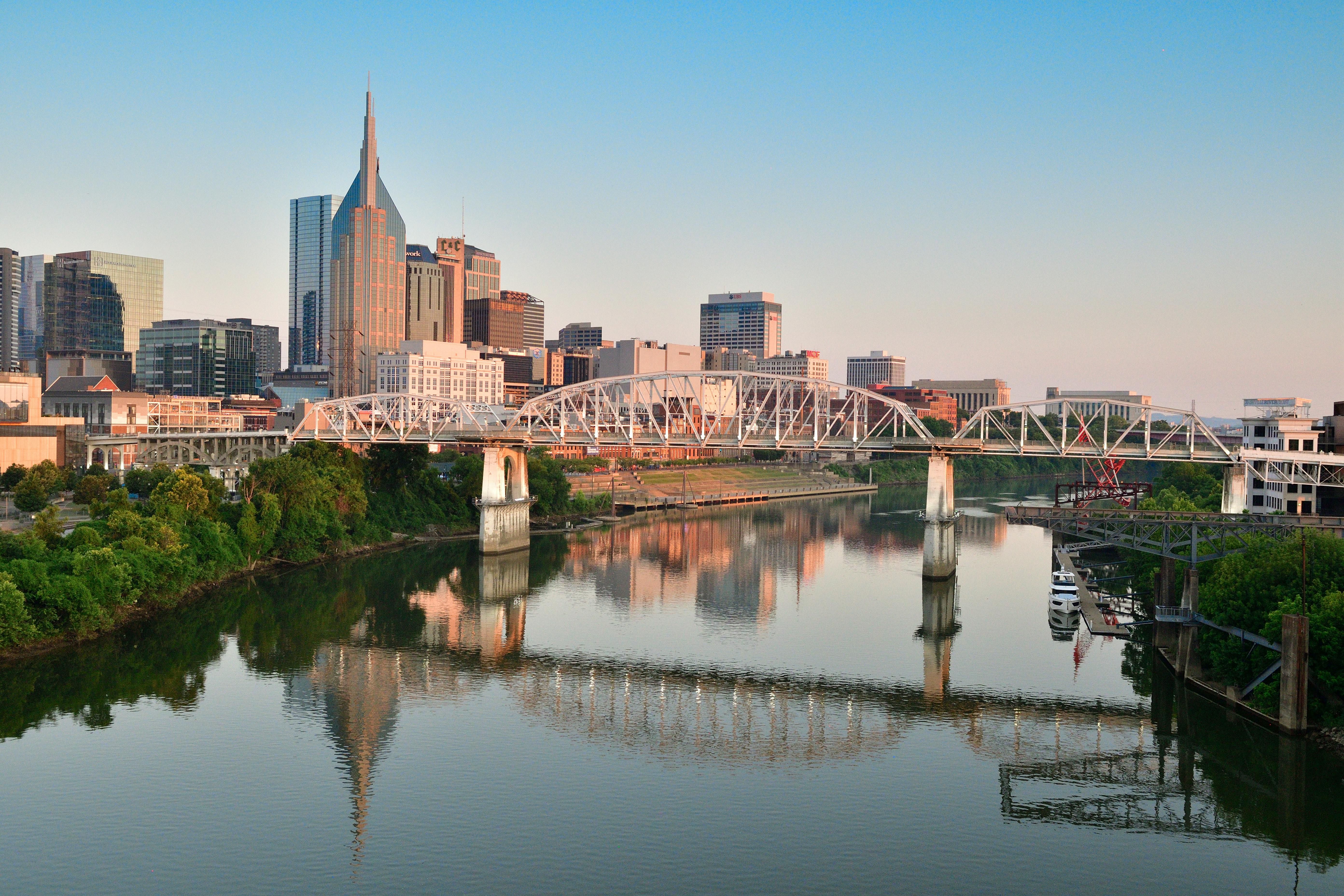 Skyline view of downtown Nashville from the east side across the river.