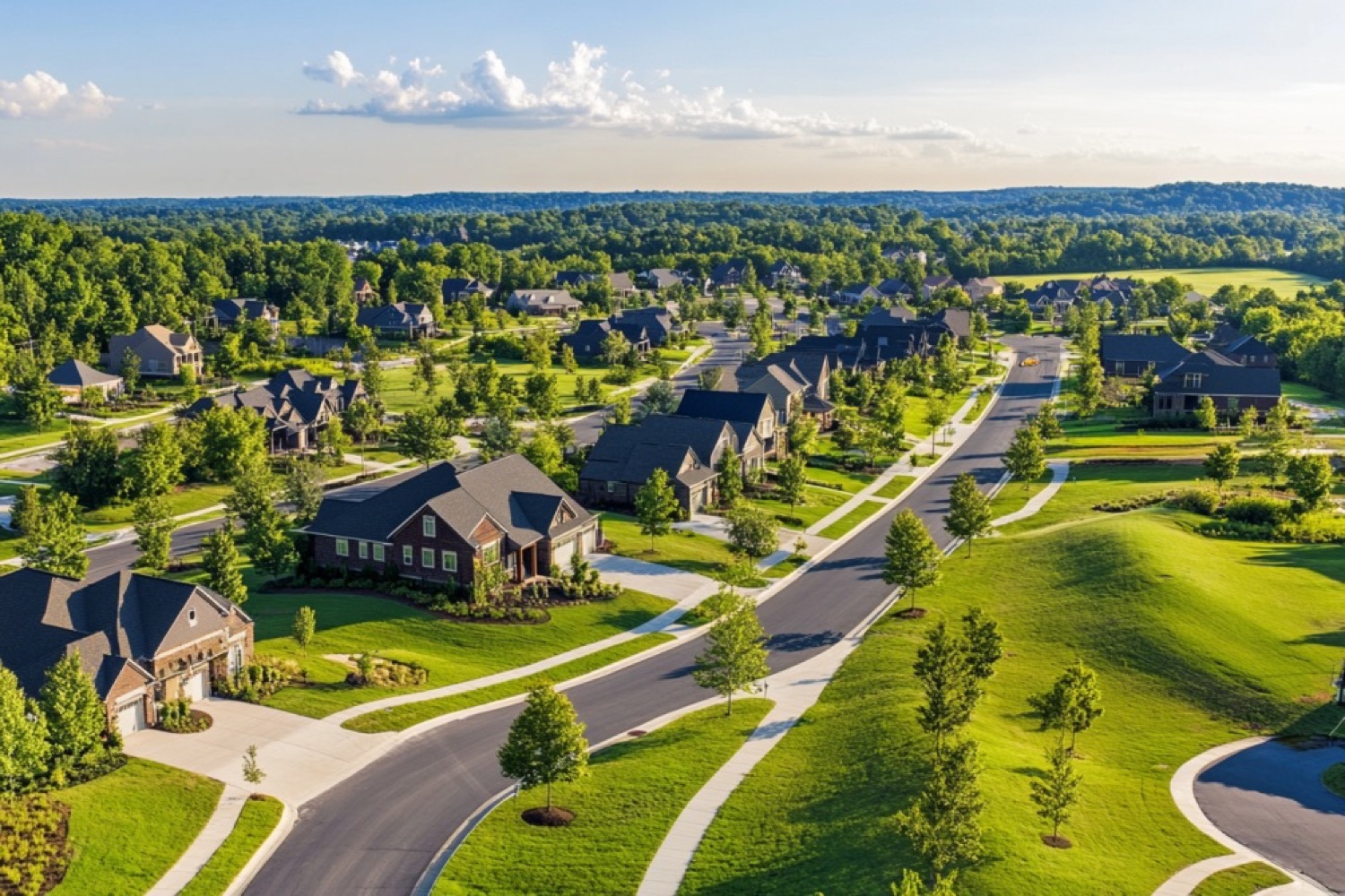 Aerial view of a tree-lined Nolensville neighborhood with sidewalks and open lawn.